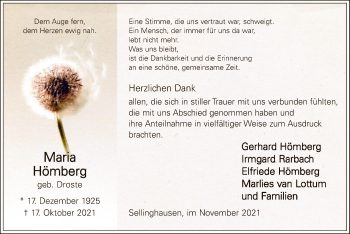 Todesanzeige von Maria Hömberg von WA