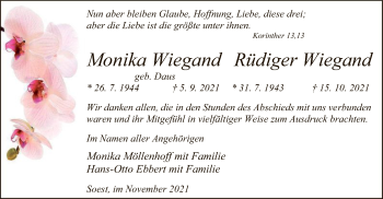 Todesanzeige von Monika und Rüdiger Wiegand von WA