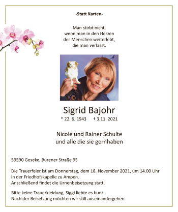 Todesanzeige von Sigrid Bajohr von WA