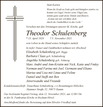 Todesanzeige von Theodor Schulenberg von WA