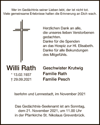 Todesanzeige von Willi Rath von WA