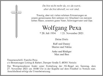Todesanzeige von Wolfgang Pexa von WA