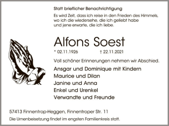 Todesanzeige von Alfons Soest von WA