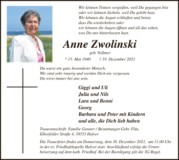 Todesanzeige von Anne Zwolinski von WA