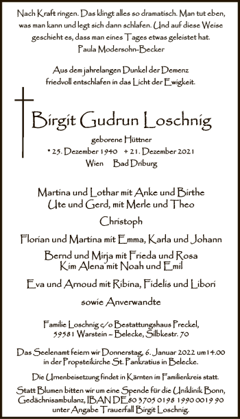 Todesanzeige von Birgit Gudrun Loschnig von WA