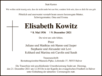 Todesanzeige von Elisabeth Kowitz von WA