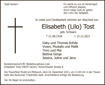 Todesanzeige von Elisabeth Tost von WA