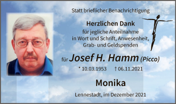 Todesanzeige von Josef H. Hamm von WA