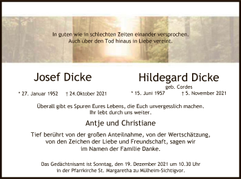 Todesanzeige von Josef und Hildegard Dicke von WA