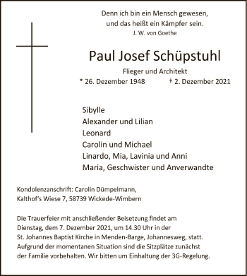 Todesanzeige von Paul Josef Schüpstuhl von WA