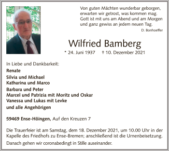 Todesanzeige von Wilfried Bamberg von WA