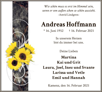 Todesanzeige von Andreas Hoffmann von WA