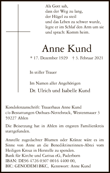 Todesanzeige von Anne Kund von WA