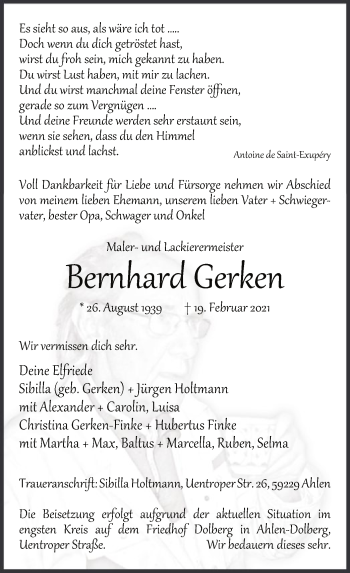 Todesanzeige von Bernhard Gerken von WA