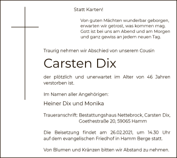 Todesanzeige von Carsten Dix von WA