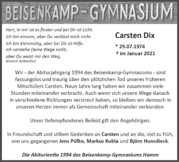 Todesanzeige von Carsten Dix von WA