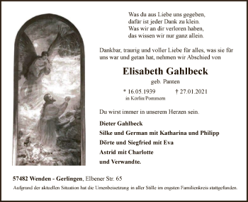 Todesanzeige von Elisabeth Gahlbeck von WA