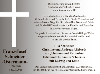 Todesanzeige von Franz-Josef Schneider von WA