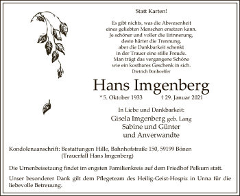 Todesanzeige von Hans Imgenberg von WA
