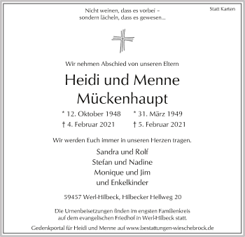 Todesanzeige von Heidi und Menne Mückenhaupt von WA