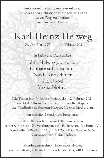 Todesanzeige von Karl-Heinz Helweg von WA
