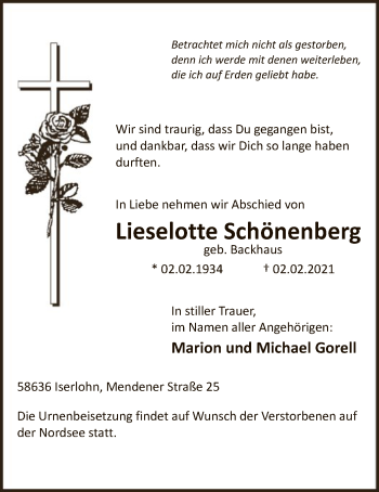 Todesanzeige von Lieselotte Schönenberg von WA