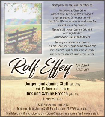 Todesanzeige von Rolf Effey von WA