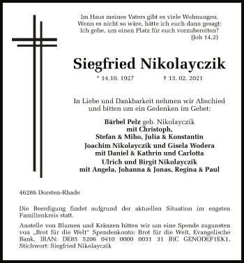 Todesanzeige von Siegfried Nikolayczik von WA