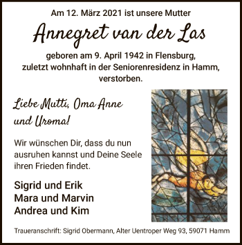 Todesanzeige von Annegret van der Las von WA