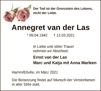 Todesanzeige von Annegret van der Las von WA