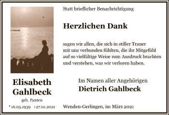 Todesanzeige von Elisabeth Gahlbeck von WA