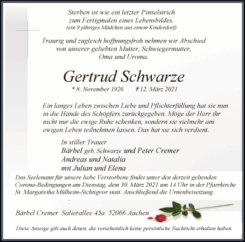 Todesanzeige von Gertrud Schwarze von WA