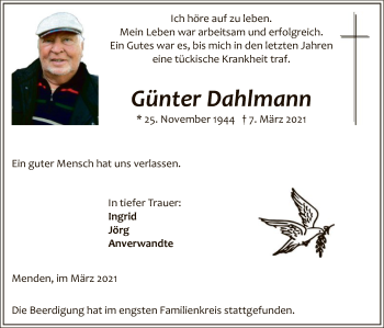 Todesanzeige von Günter Dahlmann von WA