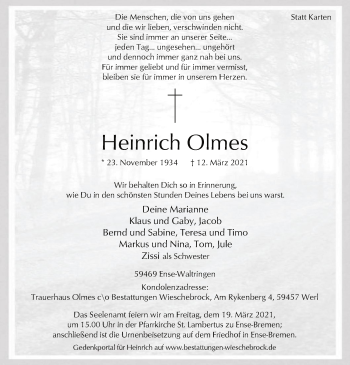 Todesanzeige von Heinrich Olmes von WA