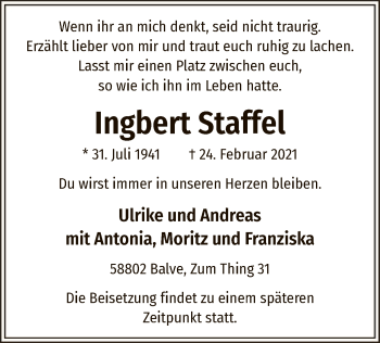 Todesanzeige von Ingbert Staffel von WA