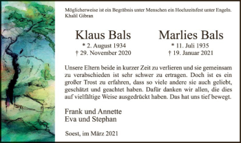 Todesanzeige von Klaus und Marlies Bals von WA