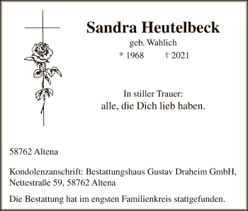 Todesanzeige von Sandra Heutelbeck von WA