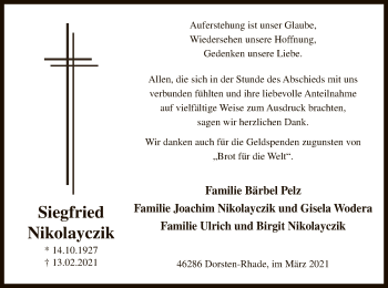 Todesanzeige von Siegfried Nikolayczik von WA