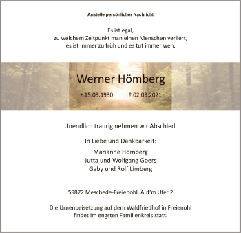 Todesanzeige von Werner Hömberg von WA