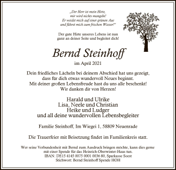 Todesanzeige von Bernd Steinhoff von WA