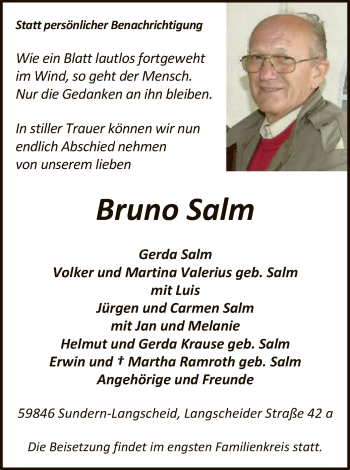 Todesanzeige von Bruno Salm von WA
