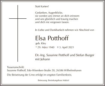 Todesanzeige von Elsa Potthoff von WA
