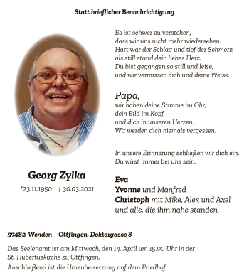 Todesanzeige von Georg Zylka von WA