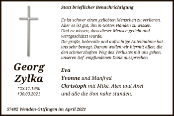 Todesanzeige von Georg Zylka von WA