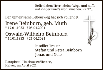 Todesanzeige von Irene und Oswald-Wilhelm Beinborn von WA