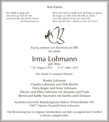 Todesanzeige von Irma Lohmann von WA