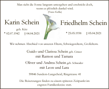 Todesanzeige von Karin und Friedhelm Schein von WA