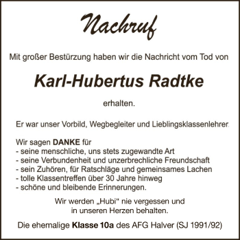 Todesanzeige von Karl-Hubertus Radtke von WA