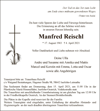 Todesanzeige von Manfred Reischl von WA