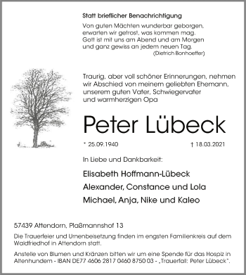 Todesanzeige von Peter Lübeck von WA
